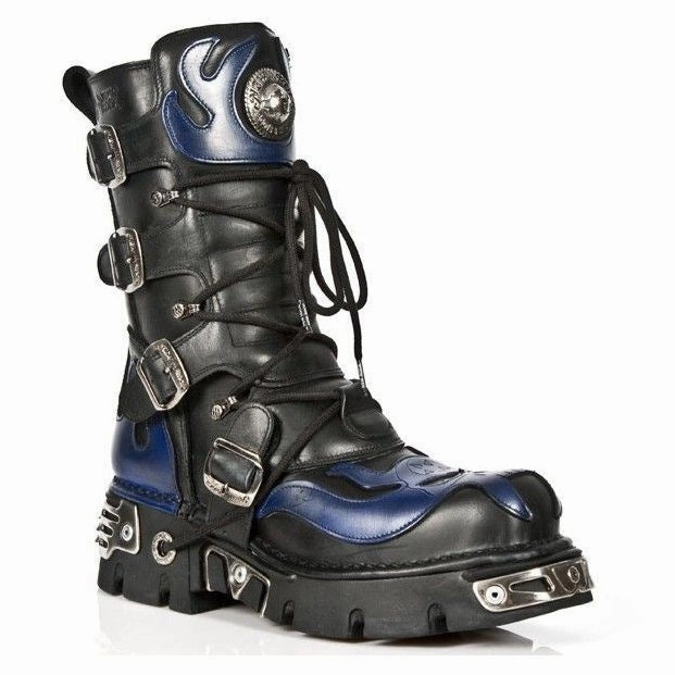Warm Comfort Craft Collector New Rock Unisex Black/Blue Leather Gothic Biker Skull Boots-107-C5