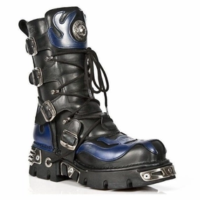 New Rock Unisex Black/Blue Leather Gothic Biker Skull Boots-107-C5 High Shaft