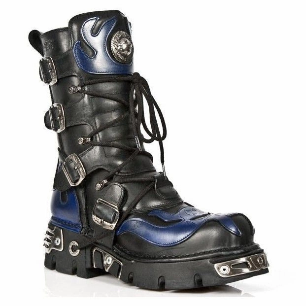 New Rock Unisex Black/Blue Leather Gothic Biker Skull Boots-107-C5 High Shaft