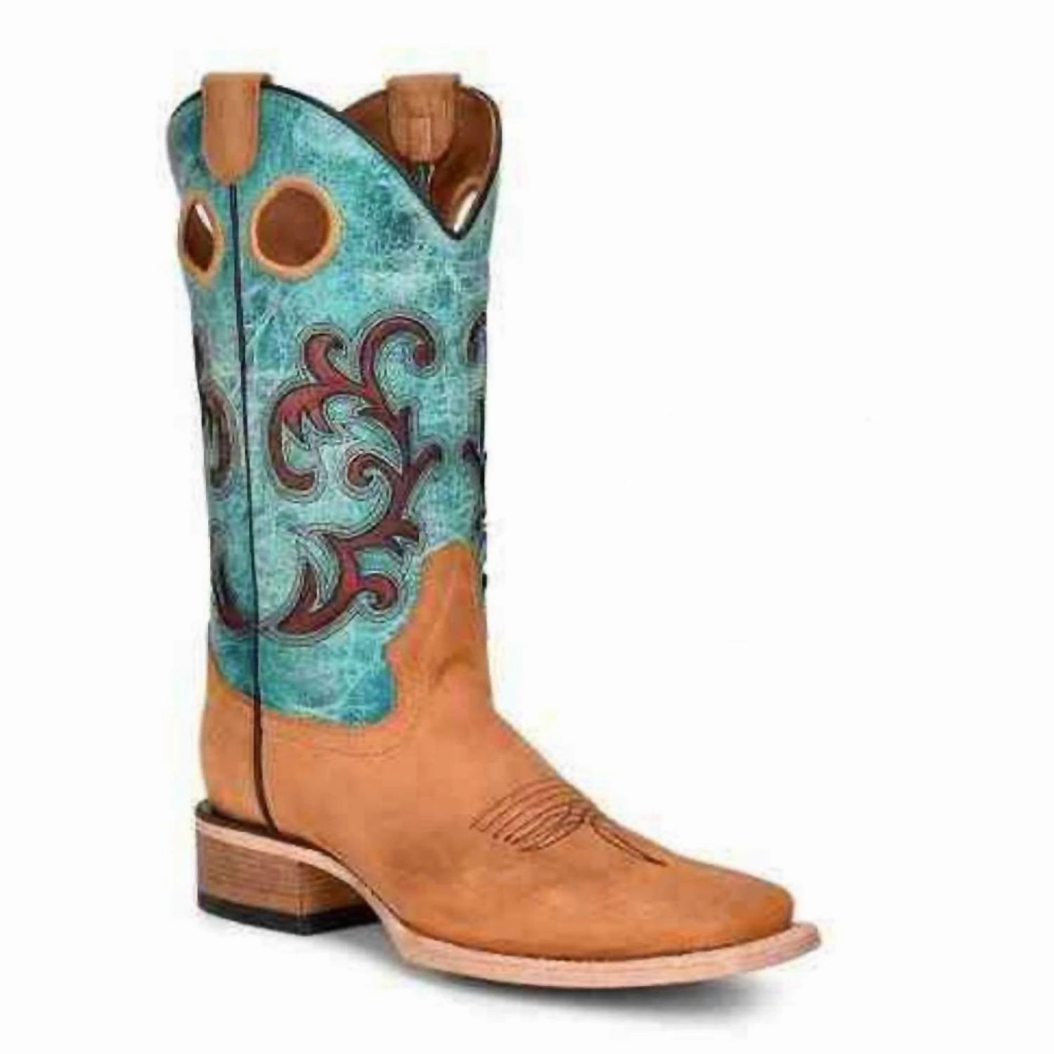Shock Absorbing Women's Embroidery Square Toe Boots In Honey & Turquoise