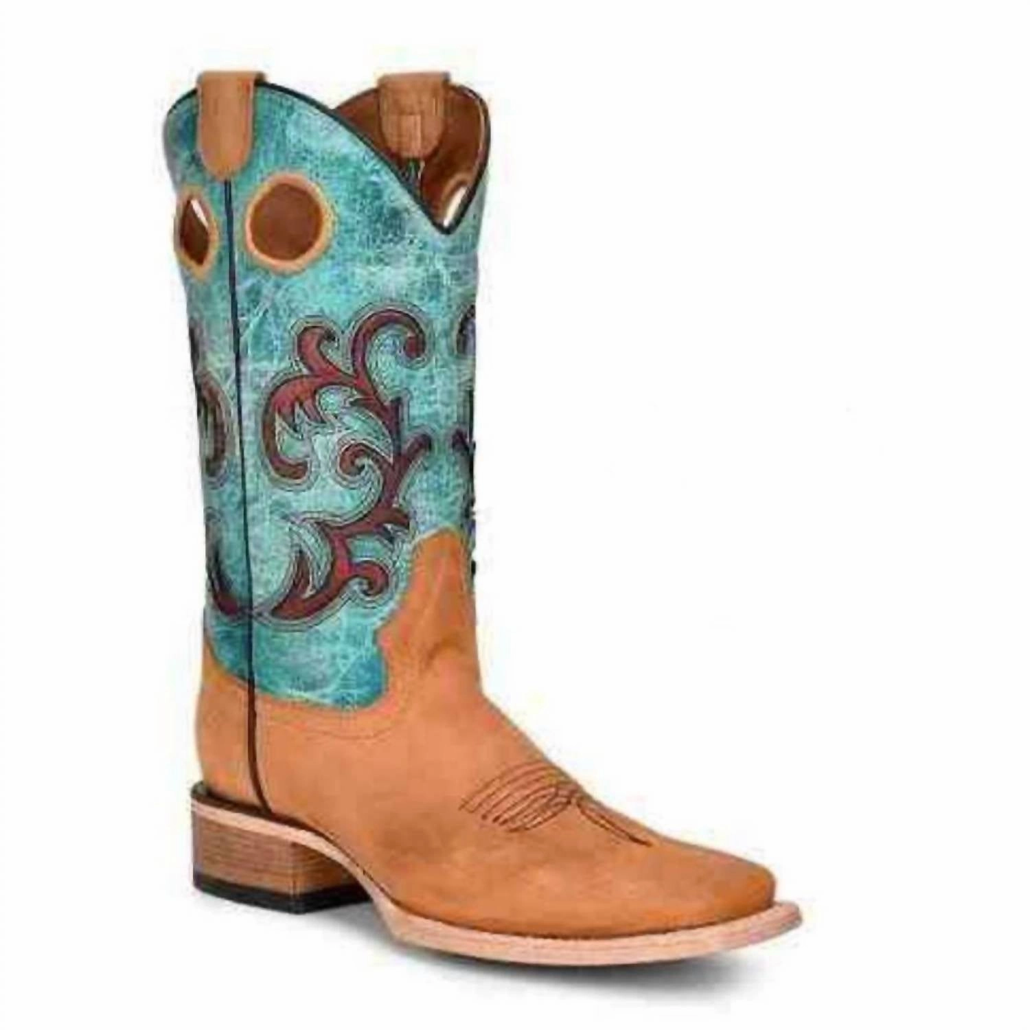 Steel Cap Women's Embroidery Square Toe Boots In Honey & Turquoise
