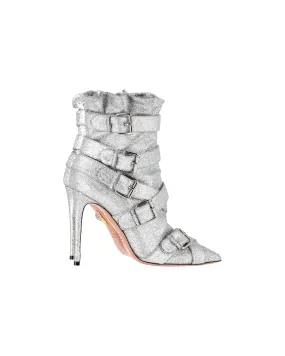Rugged Built Rural Traveler Protective Build Aquazzura Glitter Buckled Heeled Ankle Boots in Silver Canvas