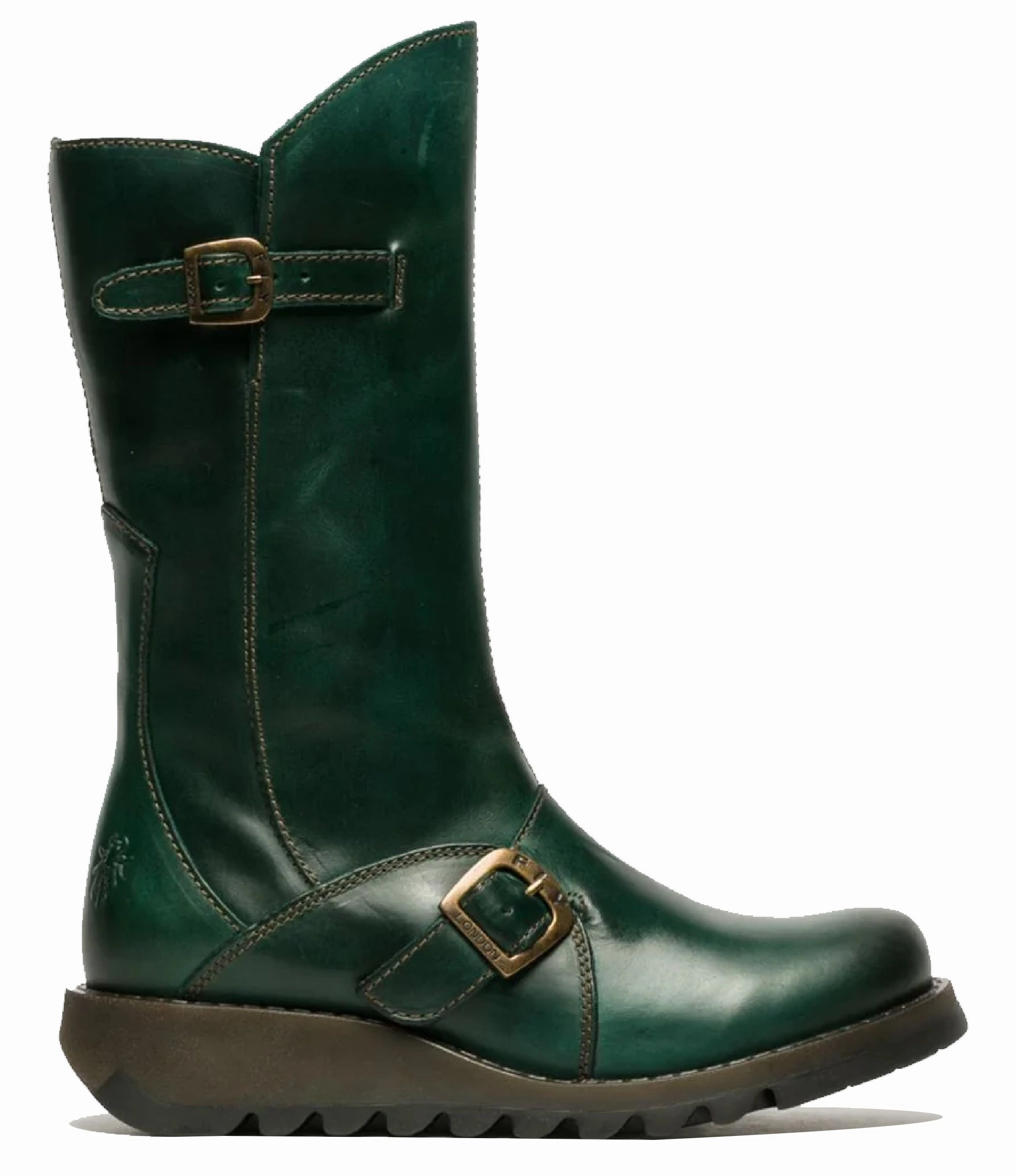 Lightweight portable Fly London Womens Green MES 2 Wedge Heel Buckle Mid-Calf Leather Zip Platform Boots