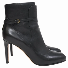 Salvatore Ferragamo Buckle Detail Heeled ankle Boots in Black Leather Wine Rich
