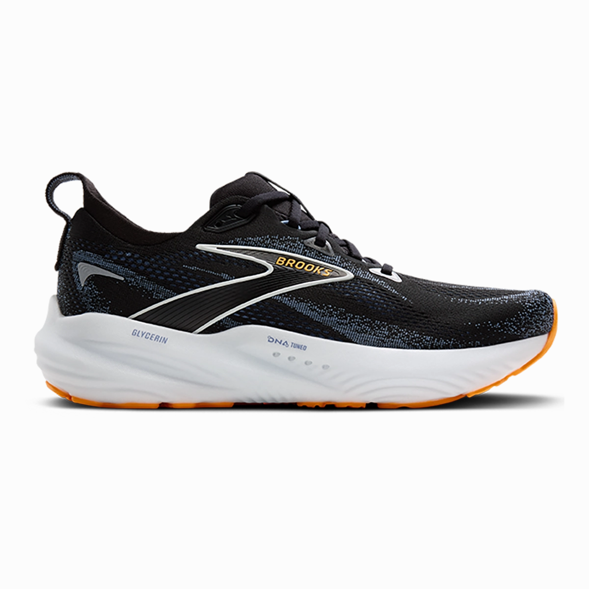 modern shoe design low - profile sole Brooks Glycerin 22 Black - Country Blue - Orange Pop