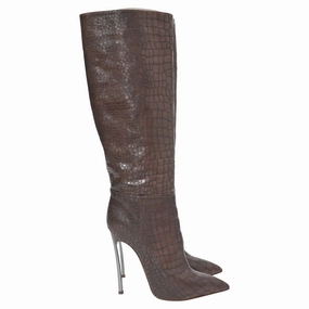 Timeless Quality Summer Friendly Casadei Croc-Embossed Knee High Boots in Brown Leather