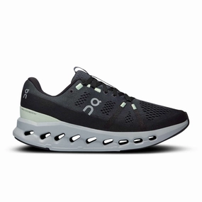 On | Women's Cloudsurfer Running Shoes - Iron/Glacier running on a dirt path