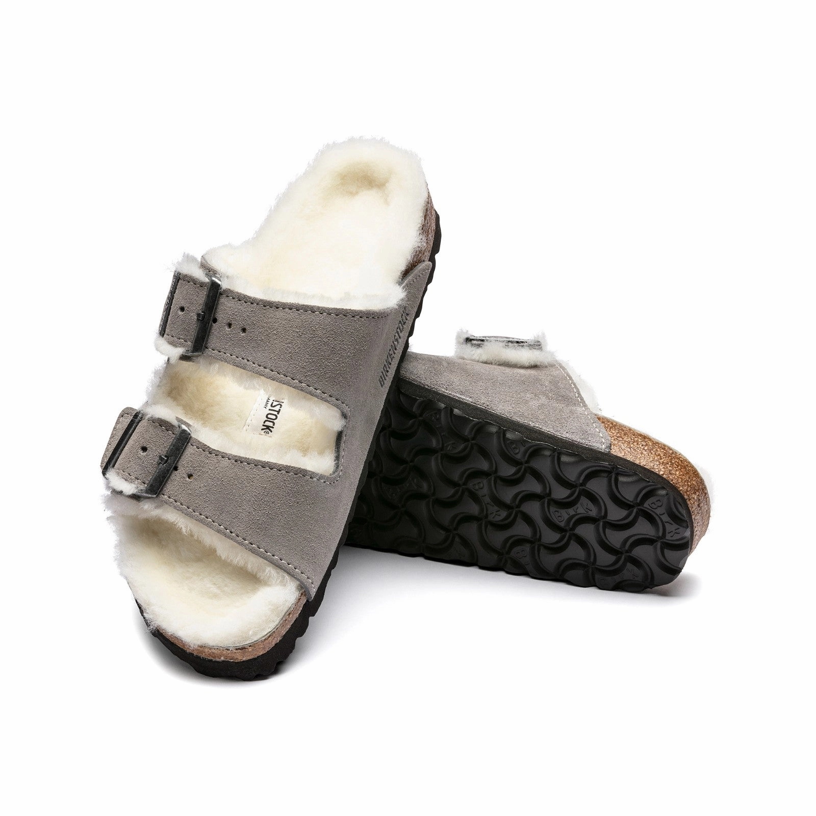 Soft Collar Lining Neutral Stability Control Birkenstock Arizona Shearling Suede Leather (Stone Coin) Men's Sandals 1017402 1017402