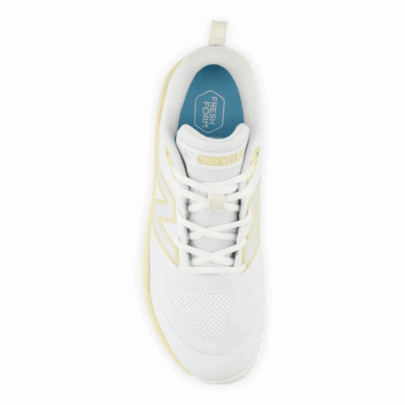 New Balance Women's Fresh Foam x Velo v4 Turf-Trainer Softball Shoes - White/Gold STVELOC4 Cold weather defense pool shoes
