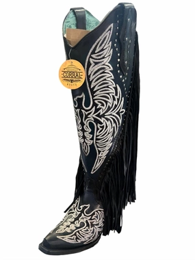 Women's Eagle Embroidery Studs Fringes Western Boot In Black Premium Quality Urban Fashion