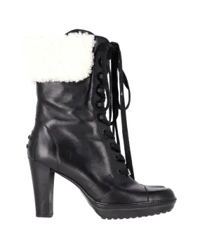 Waterproof Morning Walk Ankle Support Tod's Shearling Lace-Up Heeled Boots in Black Leather