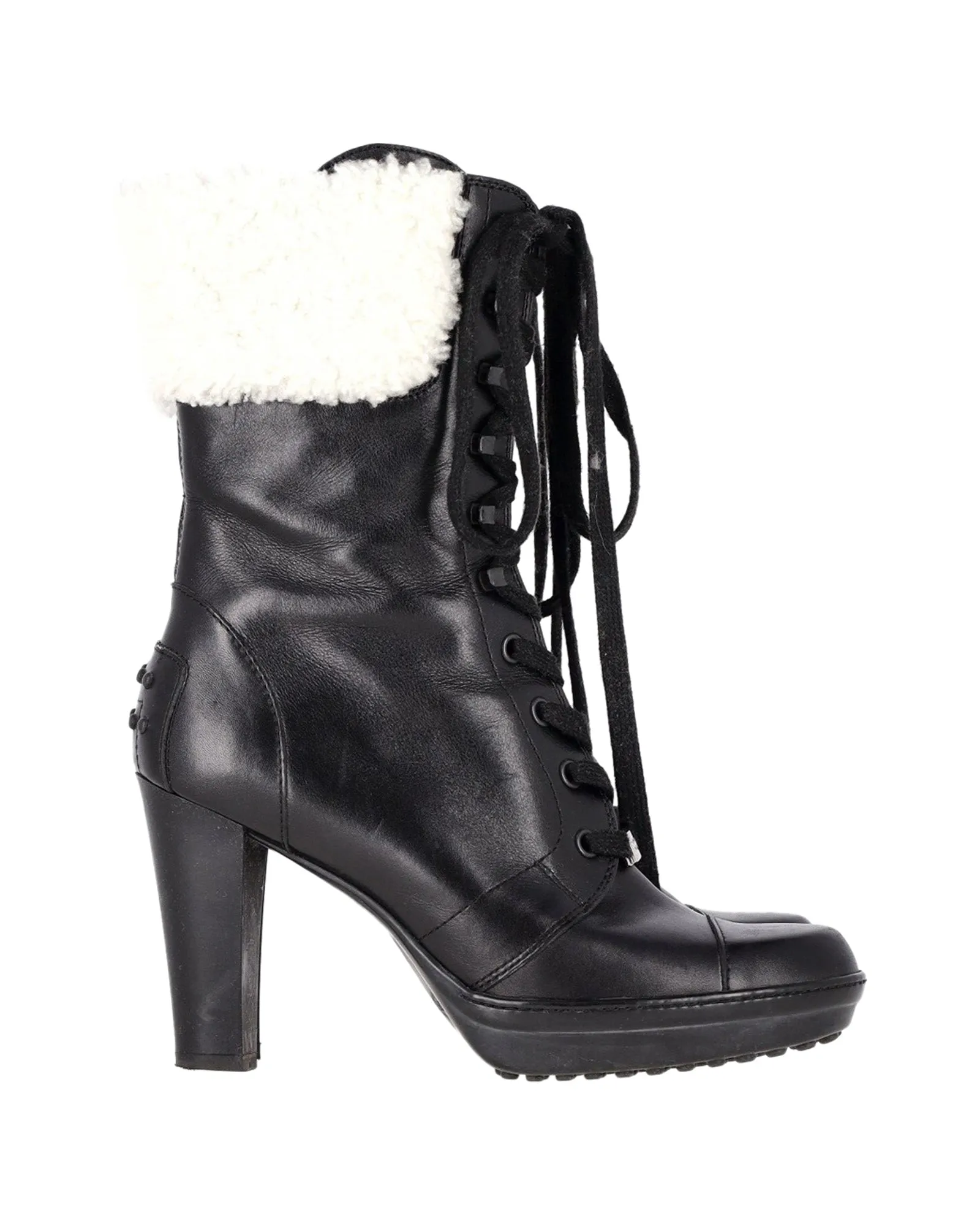 High-Top Style Outdoor Purpose Tod's Shearling Lace-Up Heeled Boots in Black Leather