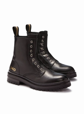 Women's Laceless Leather Combat Boots In Black Grey Storm Gloss Shine