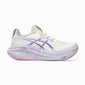 ASICS | Men's Gel-Nimbus 27 Tokyo Running Shoes - Cream/Edo Purple running in a fun run amateur shoes