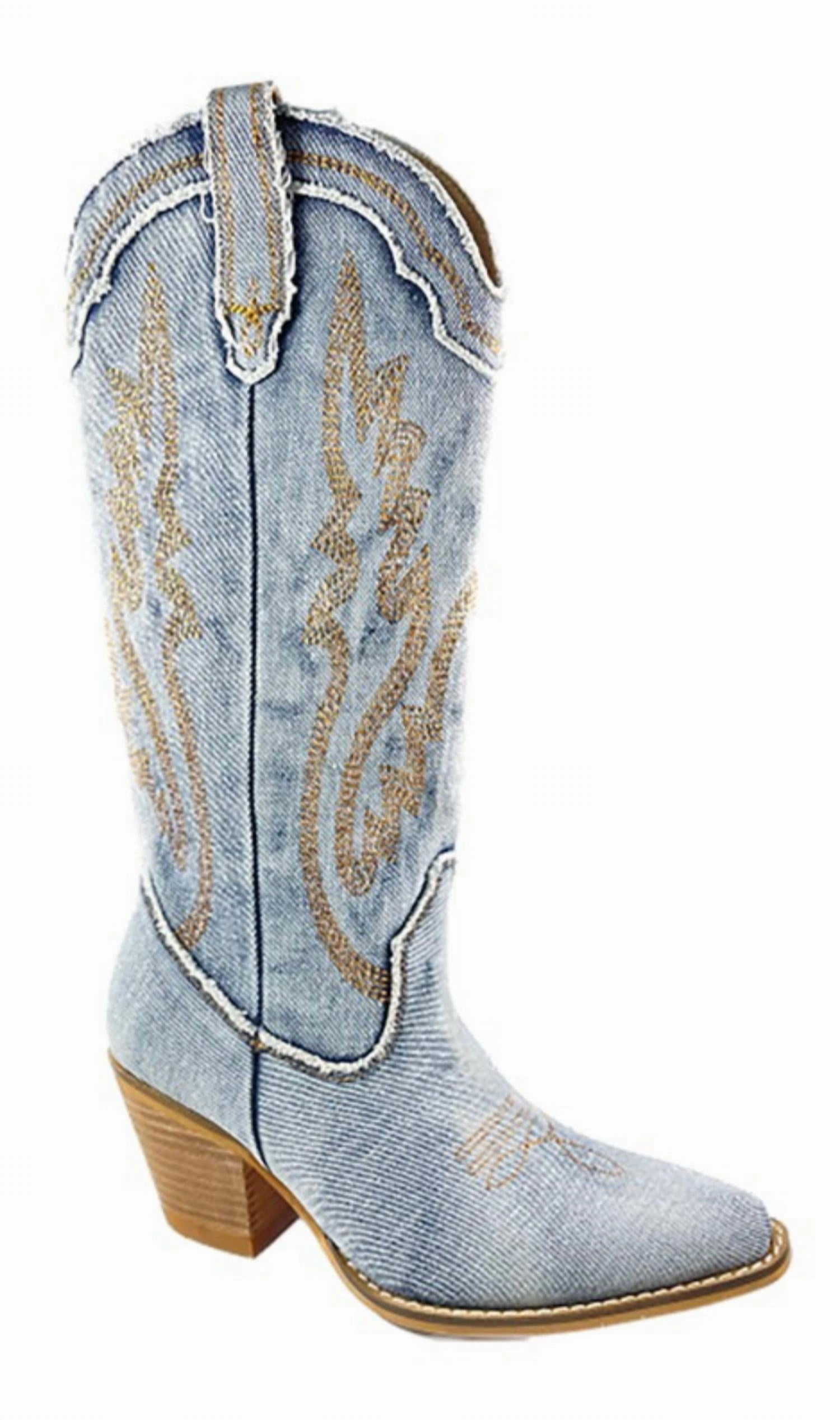 Women's Denim Calf Western Boot In Blue Vintage Style Padded Interior Backcountry Camper