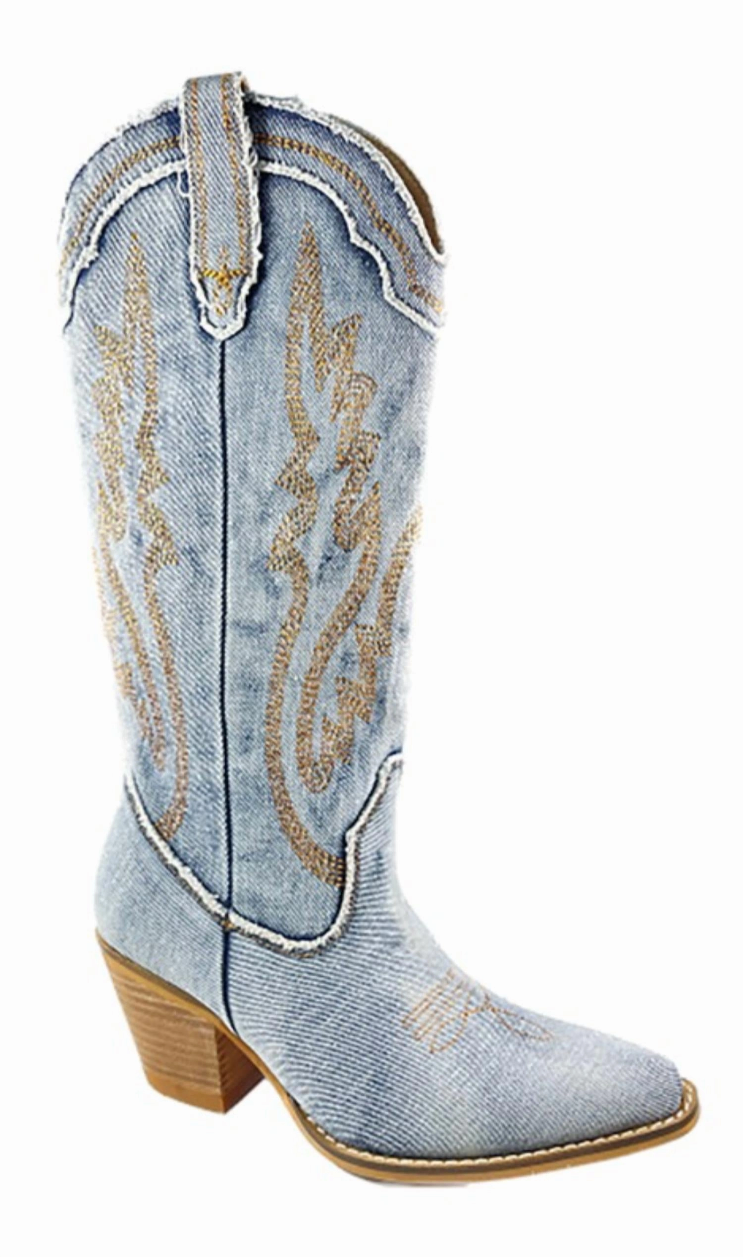 Women's Denim Calf Western Boot In Blue Athletic Wear