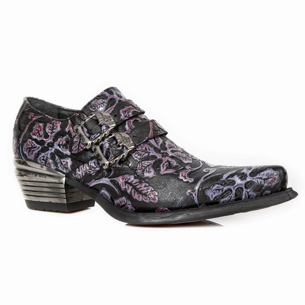 Quick Drying Functional Minimalist New Rock Vintage Purple Floral Leather Buckle Shoes-7960-S8