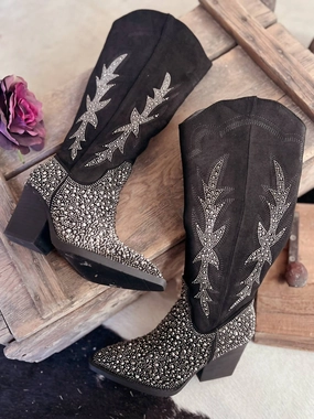 Women's Rhinestone Western Style Boots In Black Biker Smooth Soles