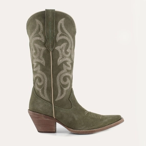 Women's Tessa Leather Cowgirl Boots In Olive Eco Material Hiking Trails