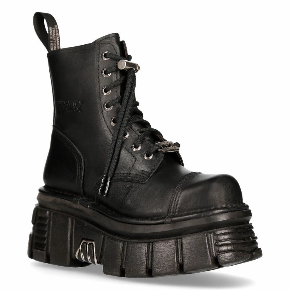 Western Pattern Padded Interior Mountain Climber New Rock Black Leather Combat Tower Boots- M-NEWMILI083-S21