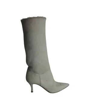 Amina Muaddi Ida Boots in Cream Suede Walking