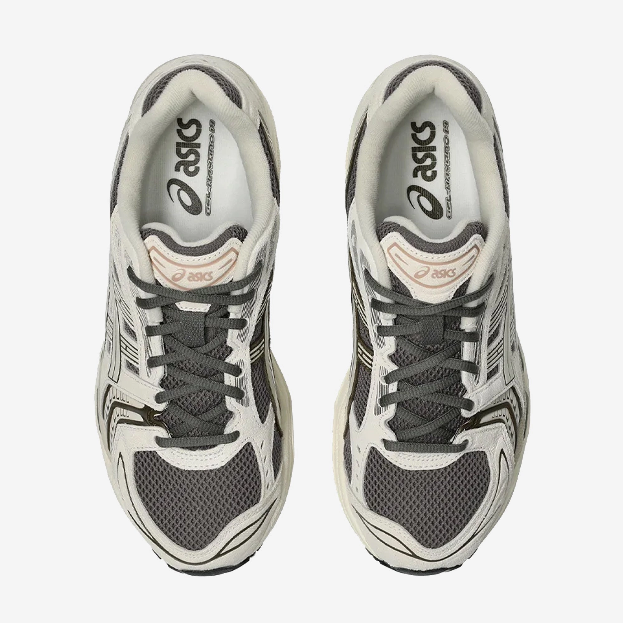 running in a park shoes running in a tied - arch bridge area shoes ASICS | GEL-KAYANO 14 { TRUFFLE GREY/OATMEAL
