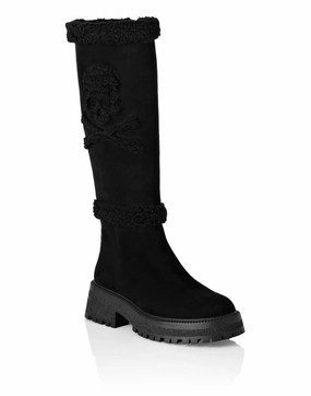 Mid Flat Boots Skull &amp; Bones Cushioned Insole Leather Material
