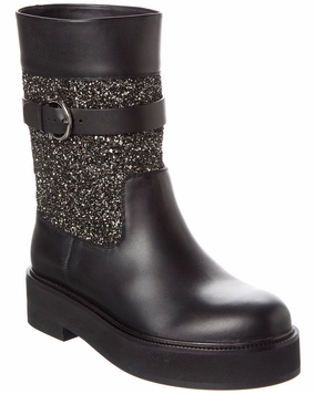 Ferragamo Ean Leather & Glitter Boot Western Style