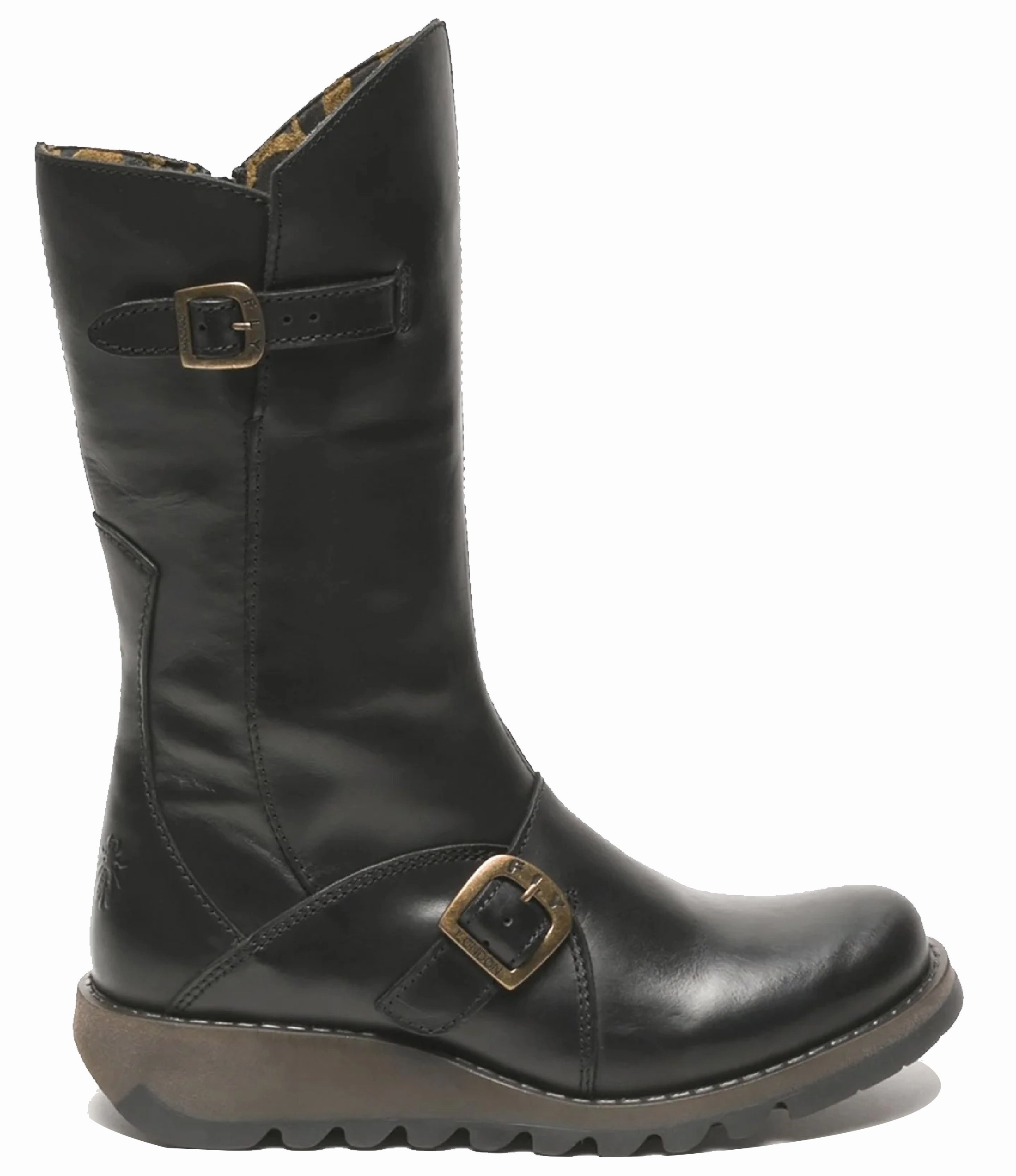 Fly London Womens Black MES 2 Wedge Heel Buckle Mid-Calf Leather Zip Platform Boots ergonomic Durable Shell All Day Worker