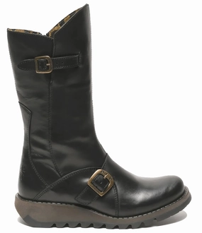 Fly London Womens Black MES 2 Wedge Heel Buckle Mid-Calf Leather Zip Platform Boots Trail Comfort
