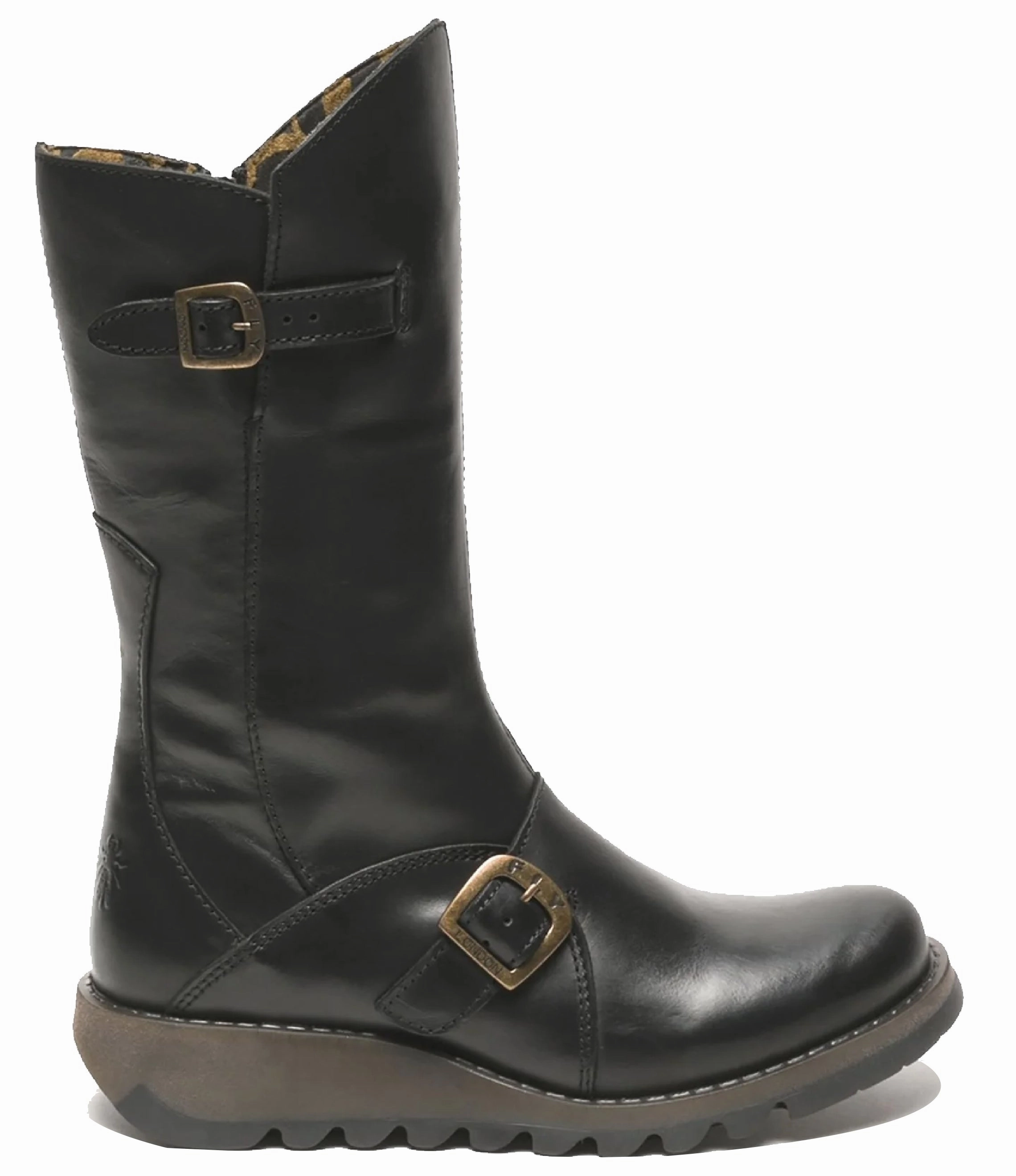 Fly London Womens Black MES 2 Wedge Heel Buckle Mid-Calf Leather Zip Platform Boots Trail Comfort