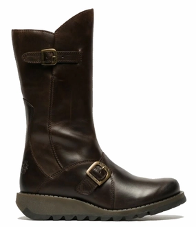 Everyday Style Fly London Womens Brown MES 2 Wedge Heel Buckle Mid-Calf Leather Zip Platform Boots
