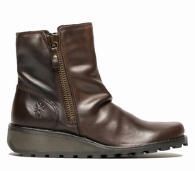Cozy Interior Insulated Mountain Hike Fly London Womens Brown MON944 Leather Wedge Heel Ankle Zip Up Chelsea Boots
