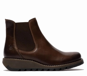 Sleek Finish Pull Tab Fly London Womens Brown SALV Chelsea Leather Ankle Casual Wedge Heel Boots