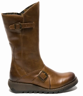 Lightweight Comfort Fly London Womens Camel MES 2 Wedge Heel Buckle Mid-Calf Leather Zip Platform Boots