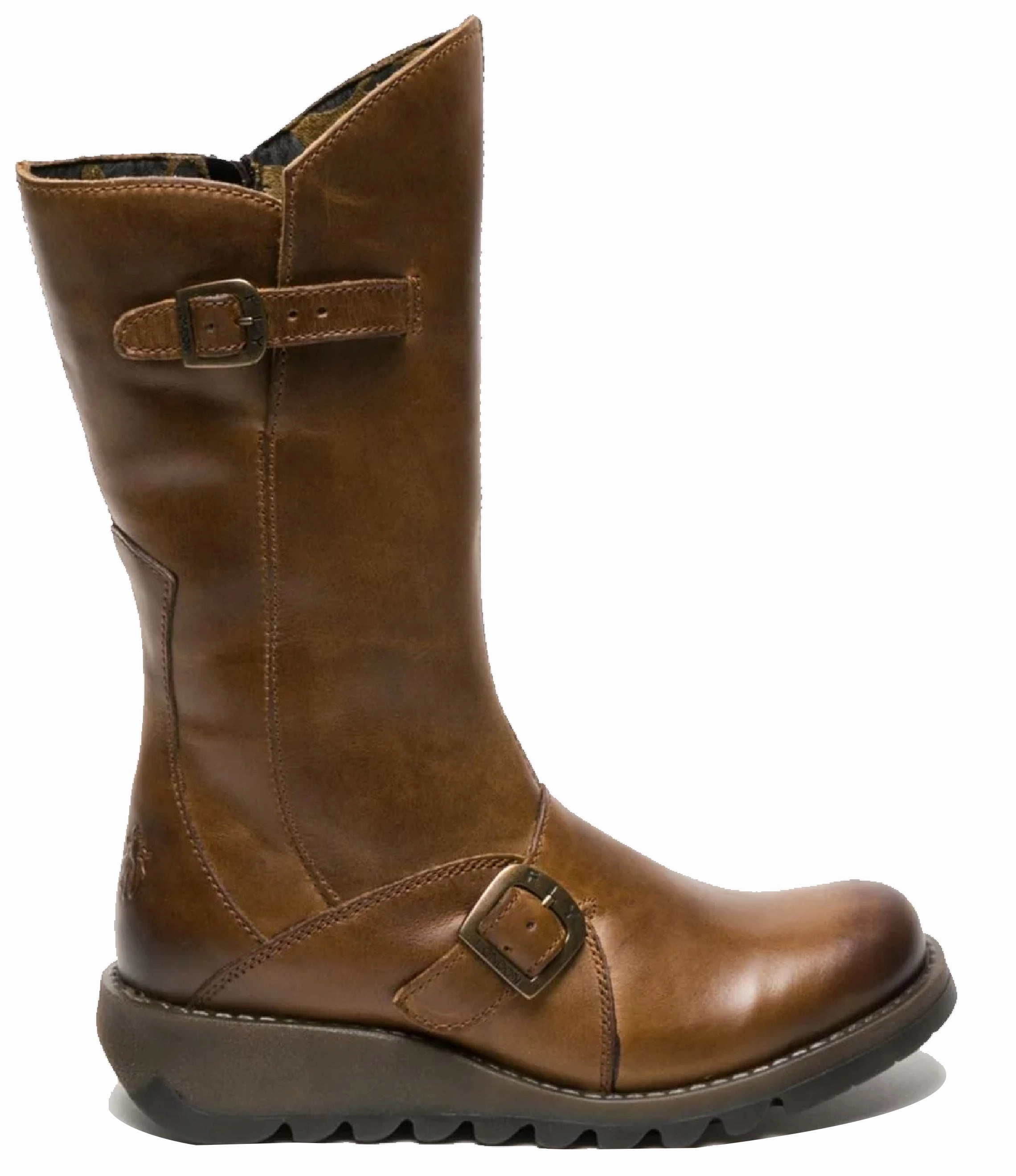 Lightweight Comfort Fly London Womens Camel MES 2 Wedge Heel Buckle Mid-Calf Leather Zip Platform Boots