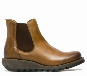 Fly London Womens Camel SALV Chelsea Leather Ankle Casual Wedge Heel Boots Casual Wear Rugged Built Mountain Climber