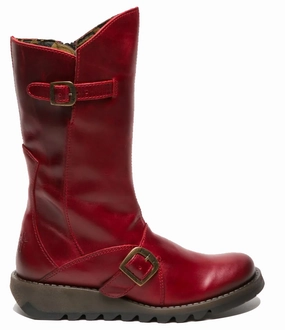 Grip Strong Insulated Cold Climate Fly London Womens Red MES 2 Wedge Heel Buckle Mid-Calf Leather Zip Platform Boots