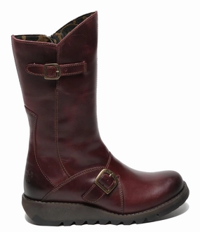 Fly London Womens Wine MES 2 Wedge Heel Buckle Mid-Calf Leather Zip Platform Boots RubberOutsole Trendy Vibe