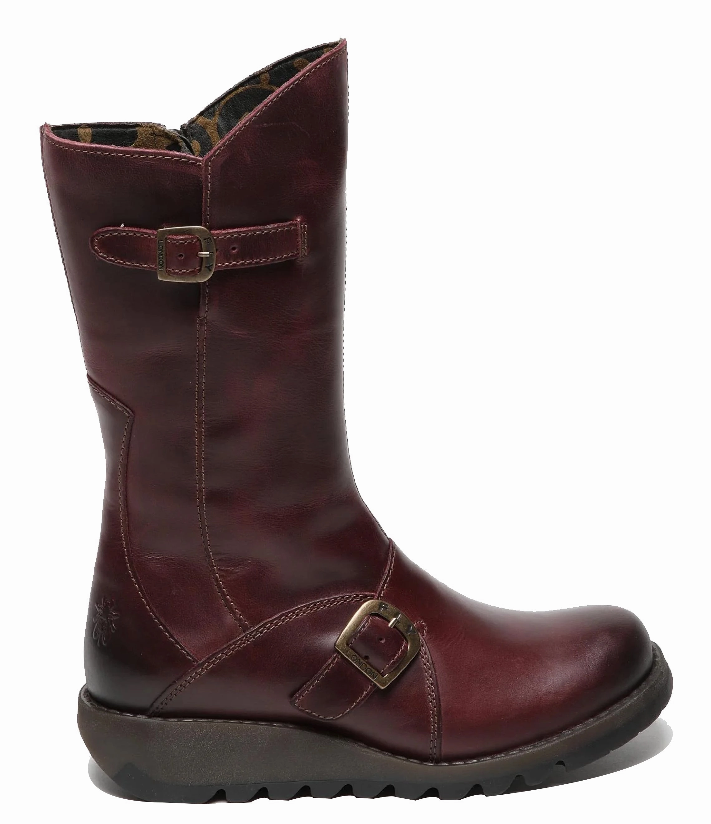 Fly London Womens Wine MES 2 Wedge Heel Buckle Mid-Calf Leather Zip Platform Boots RubberOutsole Trendy Vibe