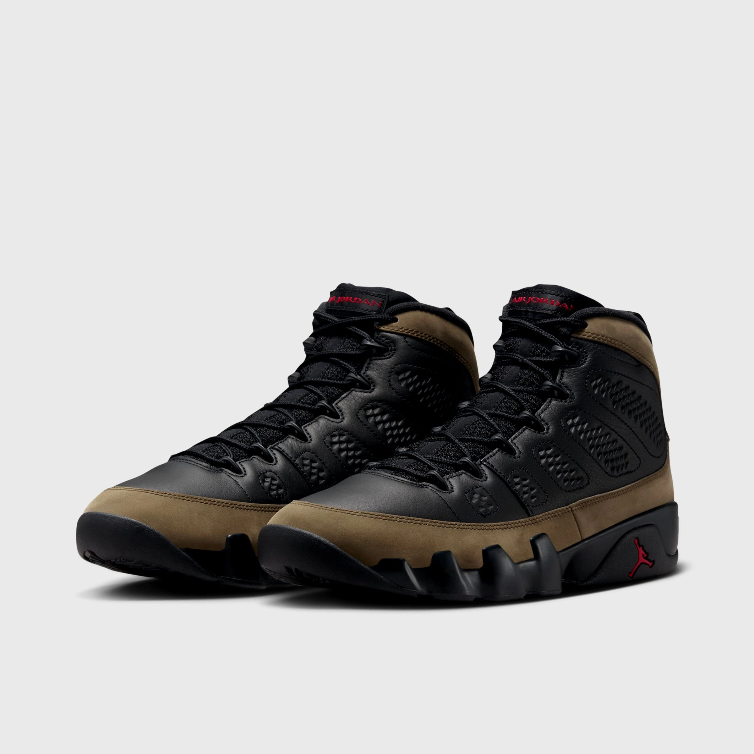 Abrasion Resistant Fabric Ergonomic Lacing Configuration Jordan 9 Retro Black / True Red - Light Olive