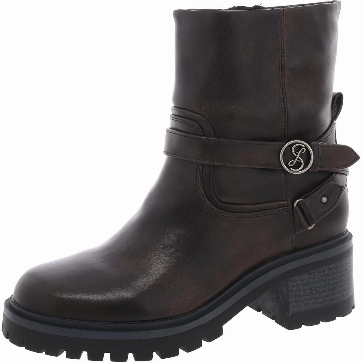 Owen Womens Lugged Sole Faux Leather Motorcycle Boots Smooth Soles Work Wear