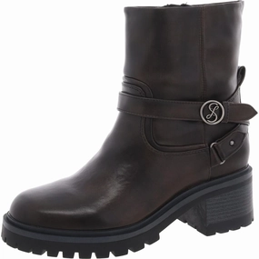 Owen Womens Lugged Sole Faux Leather Motorcycle Boots Smooth Soles Work Wear
