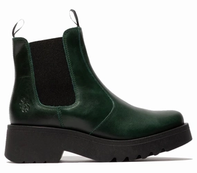 Fly London Womens Petrol Green MEDI789 Wedged Chelsea Ankle Leather Platform Boots Durable Shell Urban Commute Comfortable Feel