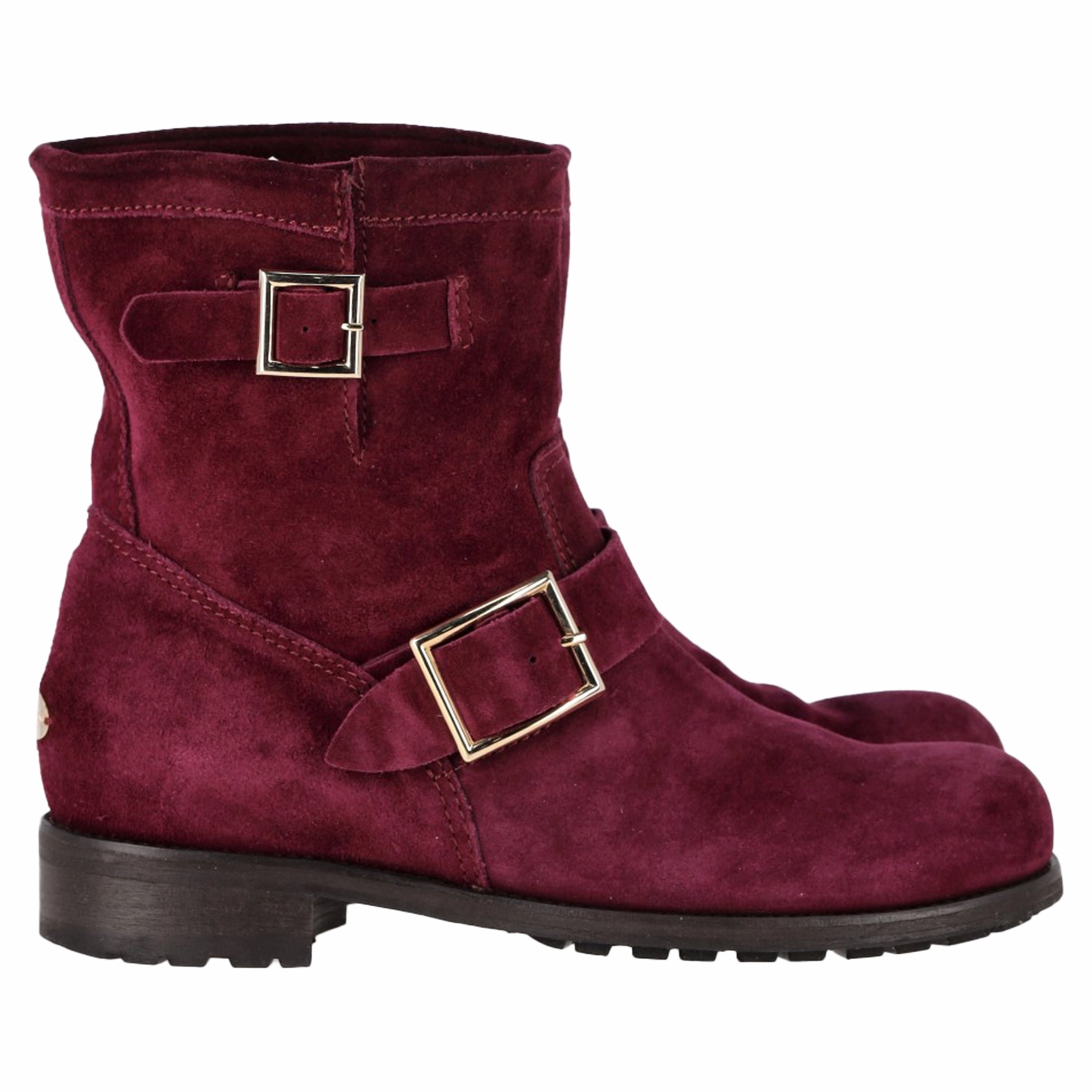 Jimmy Choo Double-Buckle Detail Ankle Boots in Burgundy Suede Long Last