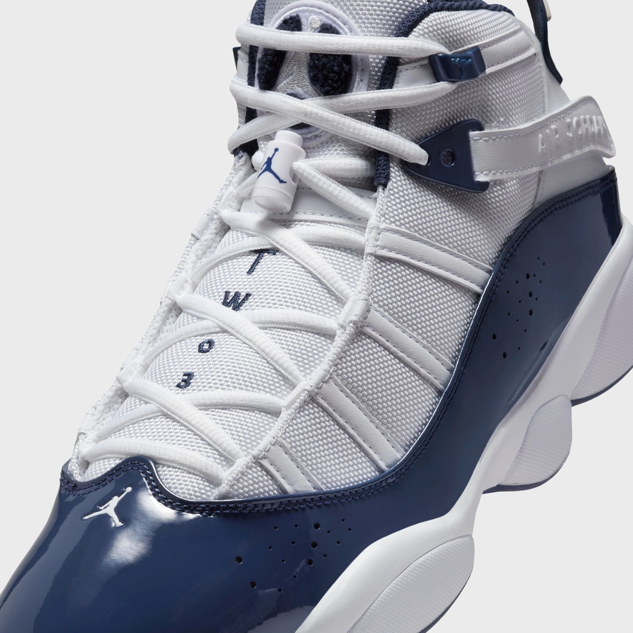 Shock Resistance Asymmetric Lacing Configuration Jordan 6 Rings White / Midnight Navy - Neutral Grey
