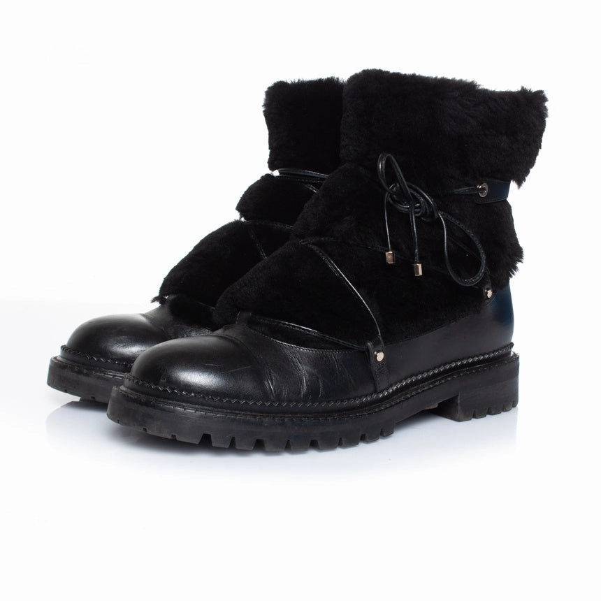 Fur embellished leather lace up boots Seamless Comfort Rough Terrain Chunky Sole