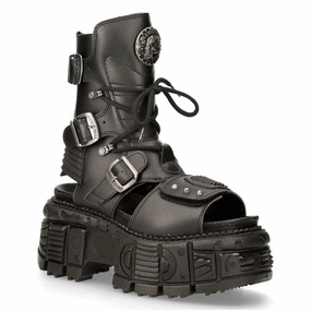 New Rock Unisex Black Vegan Leather Sandal Boots- BIOS107-V1 Grippy Outsole Adventure Seeker Good Arch Support