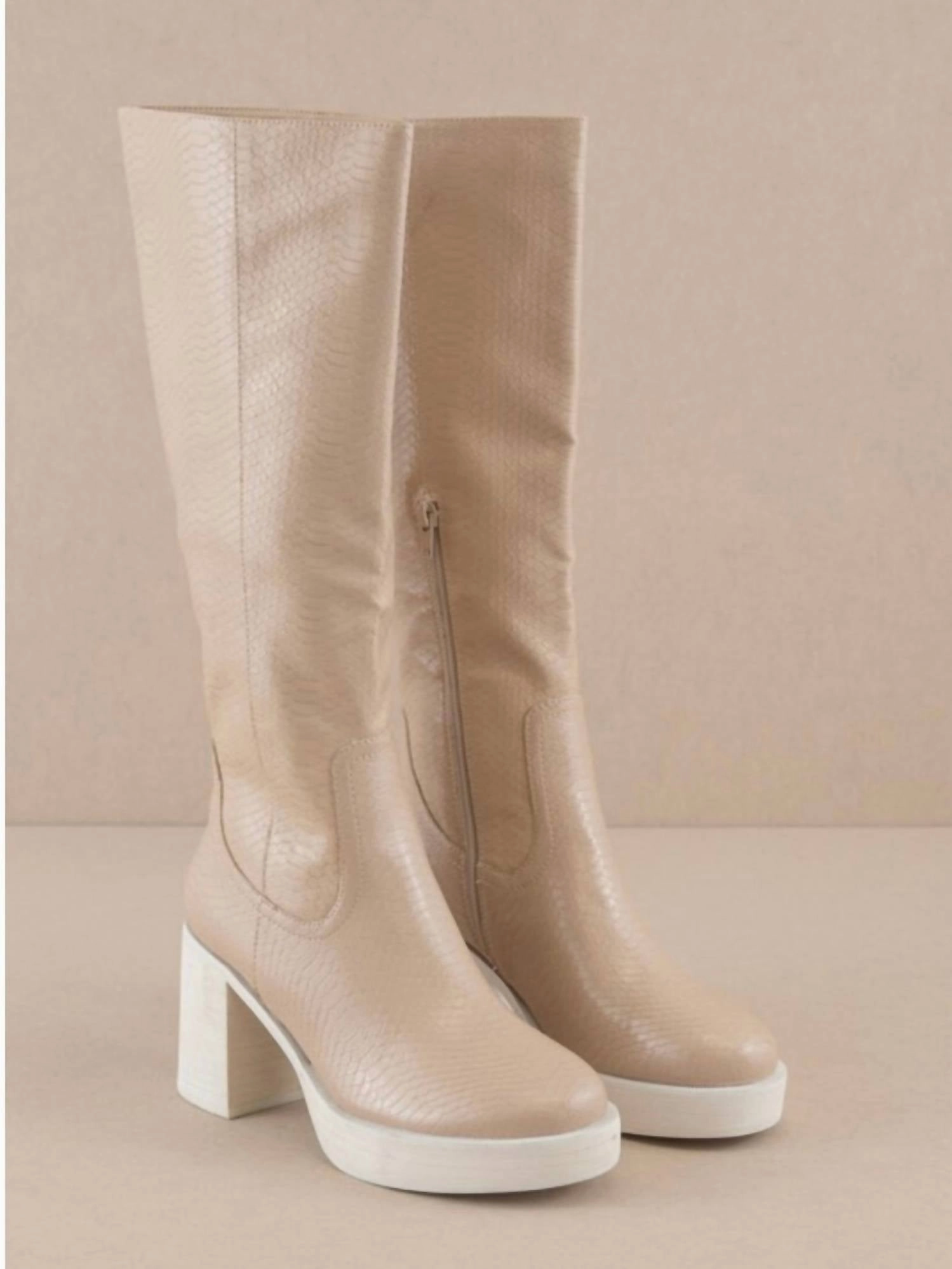 Platform Knee High Boots In Beige Outback Proof Sleek Style