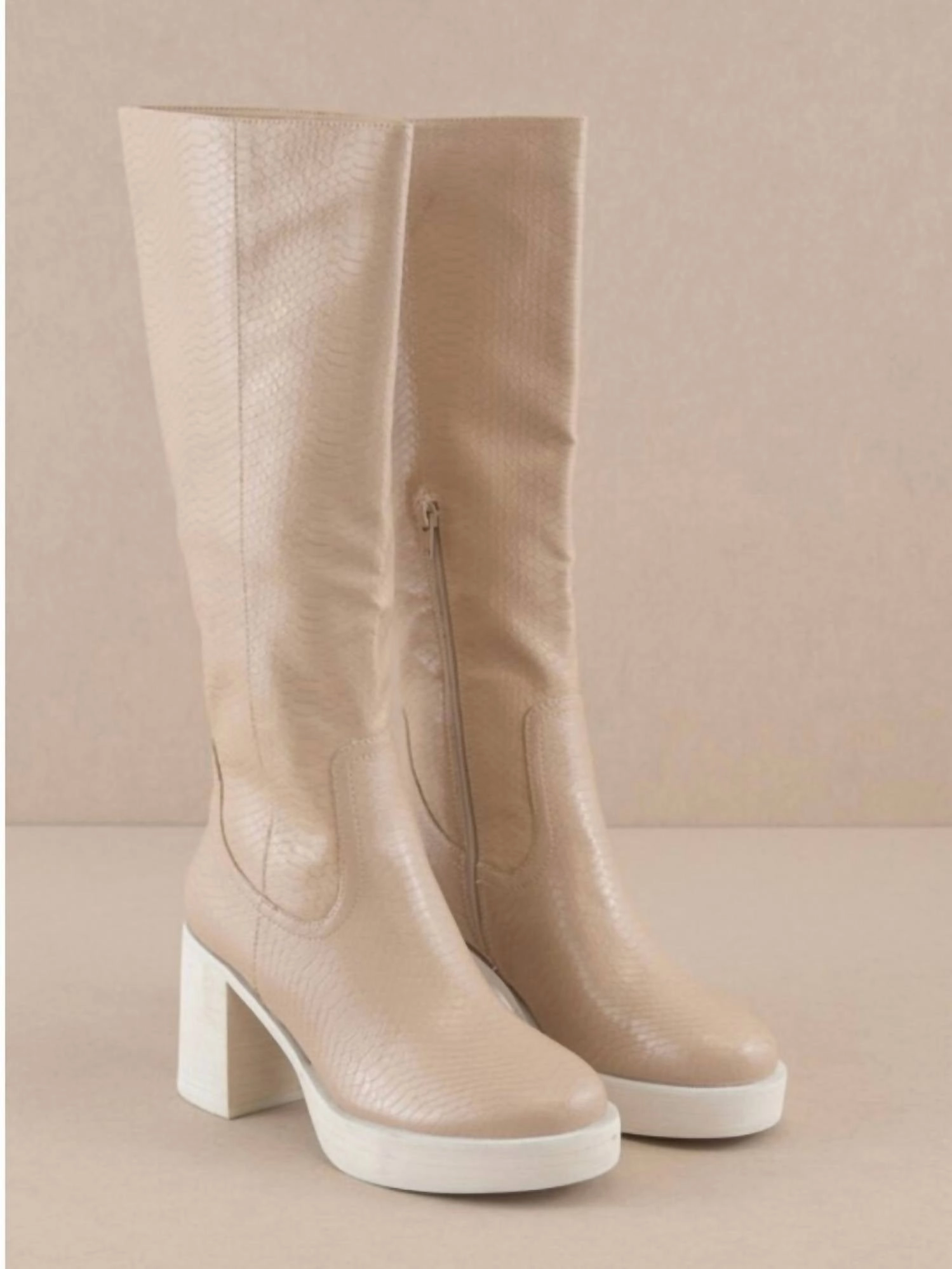 Platform Knee High Boots In Beige Breathable Upper Military Style